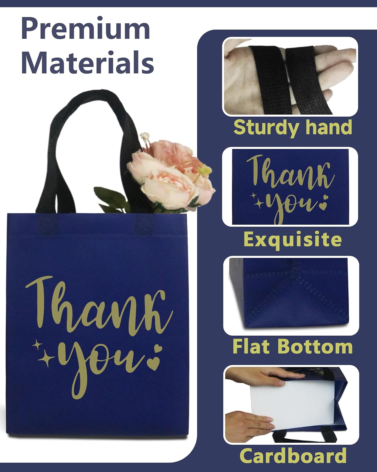 12 Navy Blue Thank You Gift Bags - Sturdy, Reusable, Medium 8x5x10 with Handles, Non-Woven for Weddings, Teachers, Father's Day, Parties, Birthdays & Graduations - Image 3