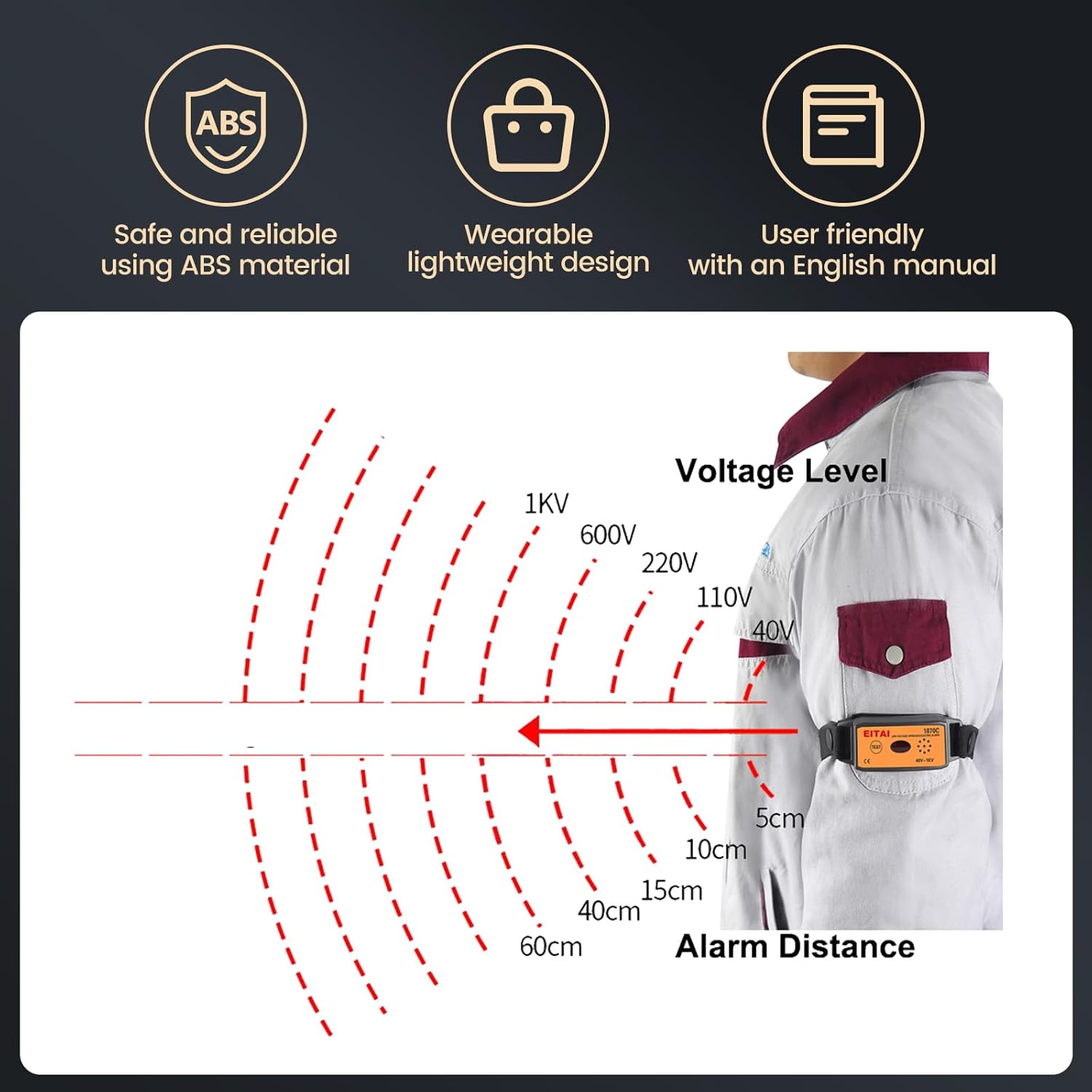EITAI1870C Wearable Voltage Alarm Detector, 40V-1kV, Manufacturer Direct Sales, Non-Contact Induction, Sound & Light Alarm, Personal Voltage Detector, Safety Voltage Detector, V-Watch, Arm Type