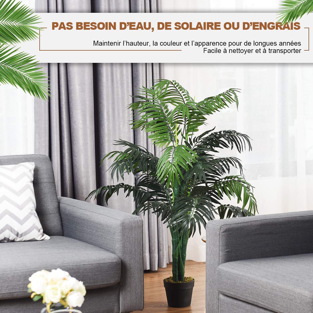COSTWAY Plante Artificielle Extérieur de 110 cm, Palmier Artificiel en Pot Convient pour Intérieur, Decoration Salon Chambre Balcon Cour Jardin Bureau, Arbre Artificiel Aréca Vert