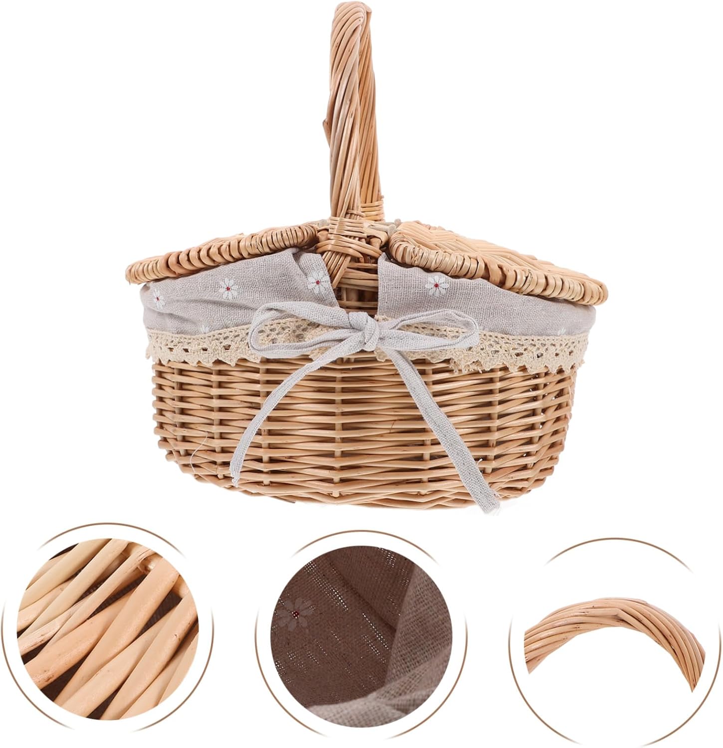 Woven Picnic Basket with Handle and Padded Cloth Lightweight Handwoven Storage Basket for Outdoor Fruit Snacks and Flowers Vintage-Style Wicker Hamper for Picnic and Home