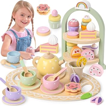 Atoylink Wooden Tea Set for Toddlers Tea Party Set with Wooden Play Food Cupcake Stand Kitchen Accessories Role Play Toys Educational Toys Birthday Gifts for 3 4 5 6+ Years Old Girls Kids