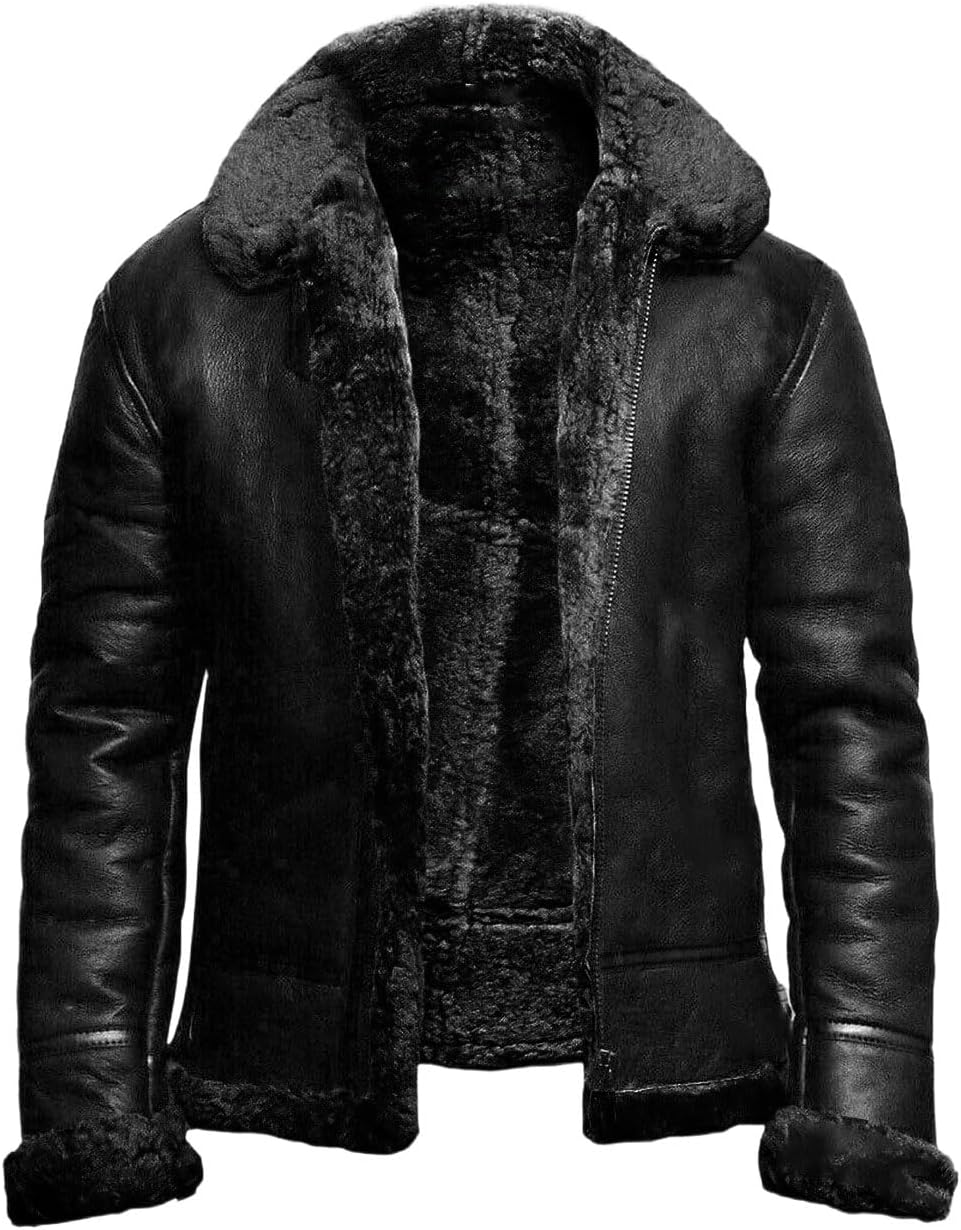 Vintage B3 Pilot Bomber Jacket for Men, Distressed Faux Leather Shearling Lined Winter Coat