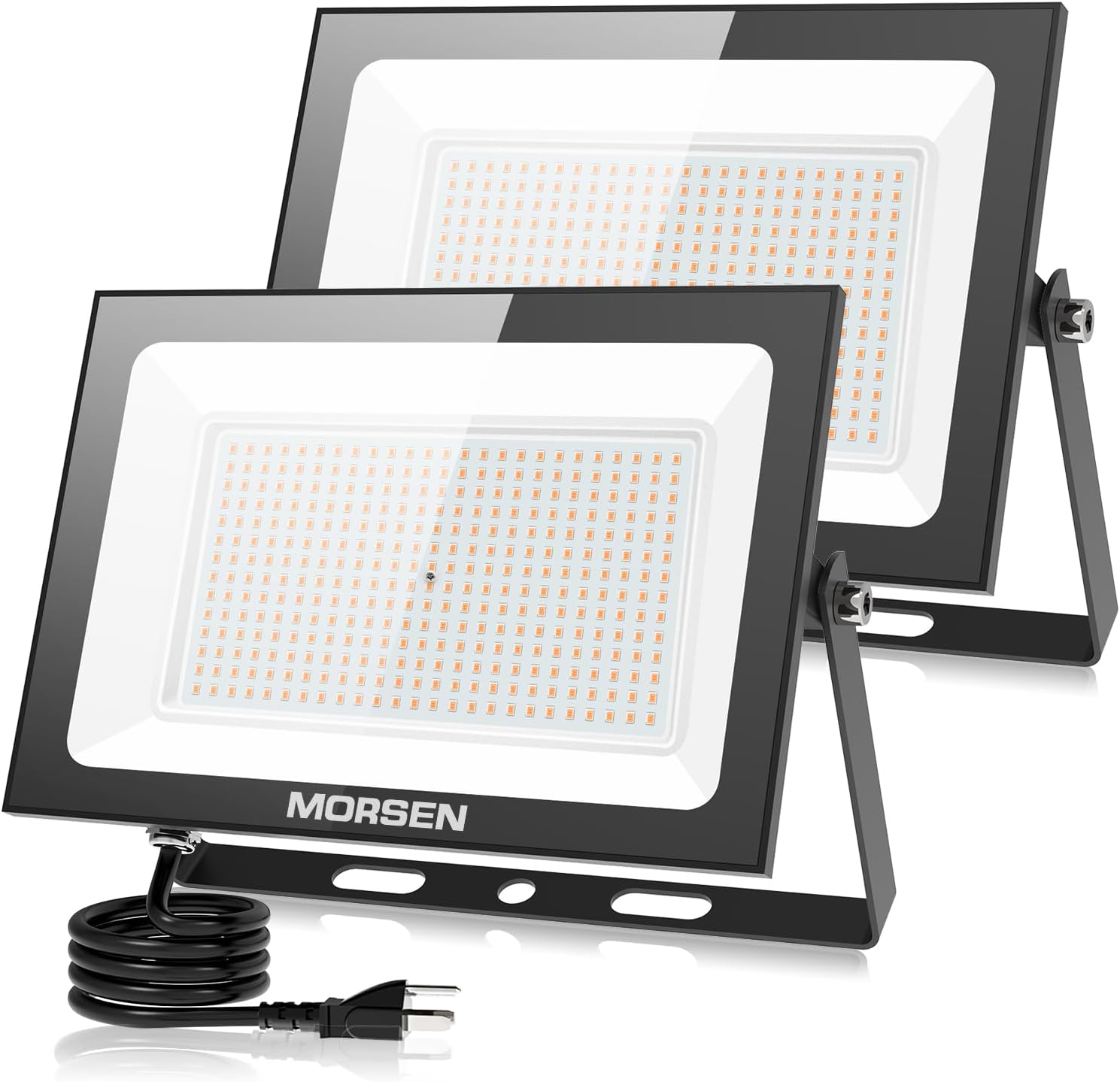 MORSEN 300W Flood Lights Outdoor, 45000lm Bright LED Work Light with Plug, 3000K Warm White LED Flood Lighting, IP66 Waterproof Security Lights for Yard Garage Stadium 2 Pack