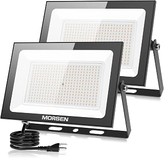 MORSEN 300W Warm White Led Flood Lights Outdoor, 3000K Super Bright 45000LM Security Lights with Plug,Exterior IP66 Waterproof FloodLight for Basketball Court, Yard, Garden, Playground 2 Pack