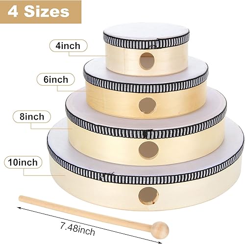 Miniatura 2 de Tambor de mano de 10 pulgadas, 8 pulgadas, 6 pulgadas, 4 pulgadas, instrumento musical, percusión, marco de madera, tambor con palo de tambor