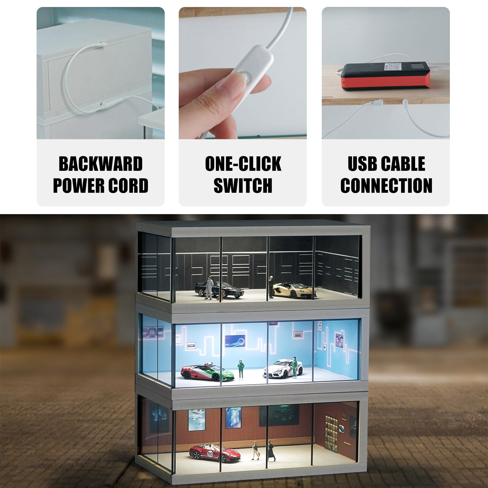 Vitrine für Modellautos aus Druckguss Maßstab 1: 64 mit LED Licht und Acrylabdeckung, Szene, Parkplätze, Dioramen, Aufbewahrung, Garage, Box, Szene, Parkplätze, Dioramen