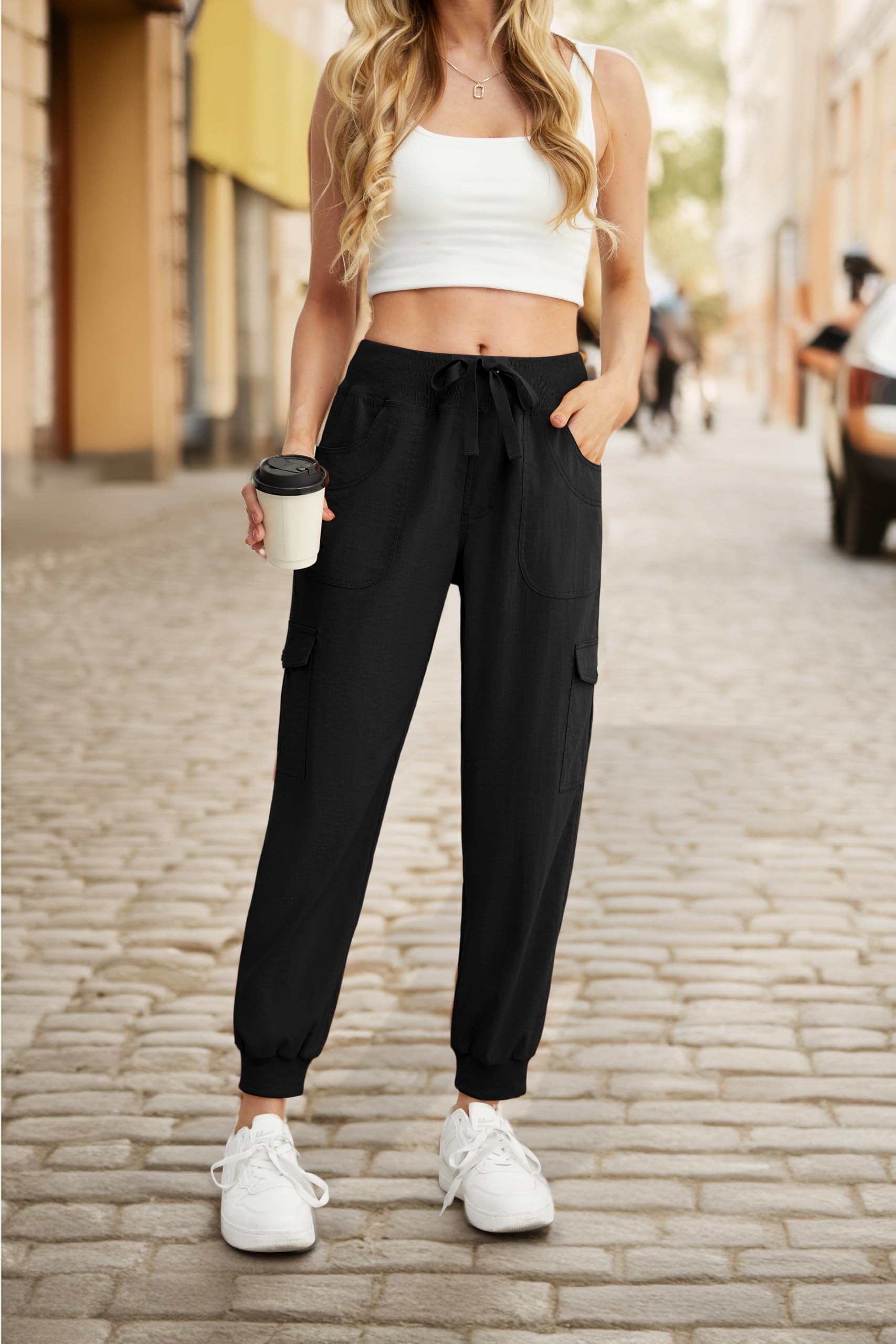 GRECERELLE Pantalones de chándal para mujer, pantalones cargo de verano, pantalones deportivos para el tiempo libre, pantalones de entrenamiento para mujer con cintura elástica, puños y 6 bolsillos