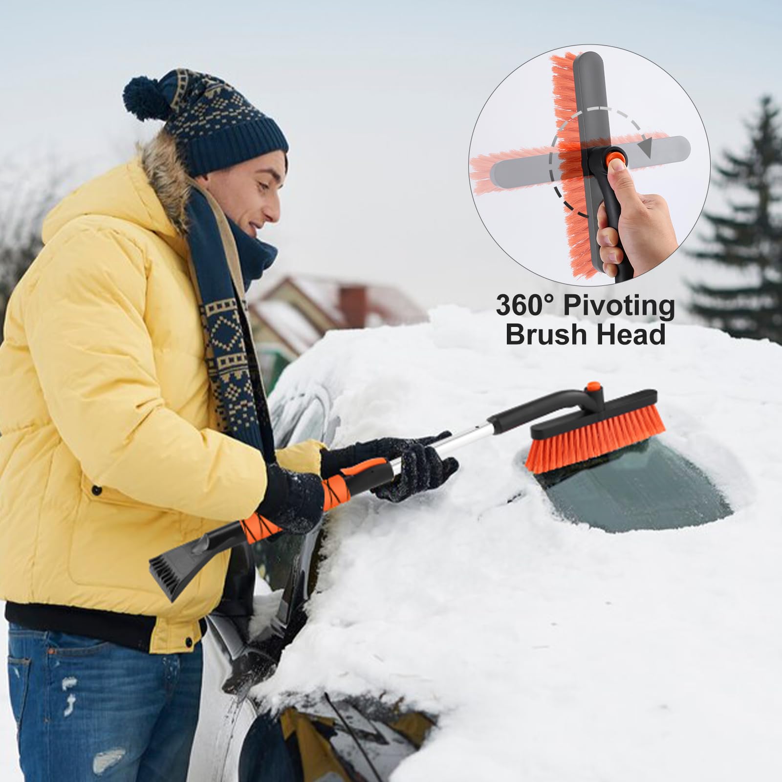 Odoland Spazzola da Neve per Auto con Raschietto per Ghiaccio 86 cm Estensibile Rimuovere Neve Parabrezza Impugnatura Schiuma Spazzola Girevole 360° Auto Camion SUV Arancione