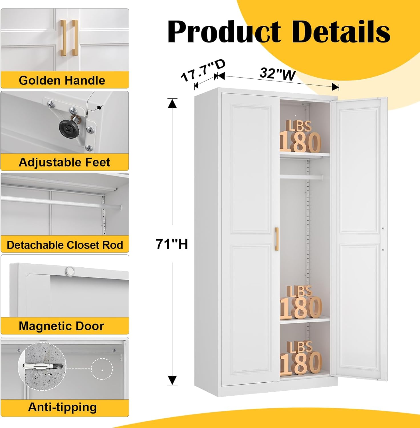Metal Wardrobe Cabinet with Hanging Rod, 71" Tall Armoire Wardrobe Closet with 2 Doors and Adjustable Shelves, White Clothing Storage Cabinets for Bedroom, Laundry Room, Cloak Room - Image 3