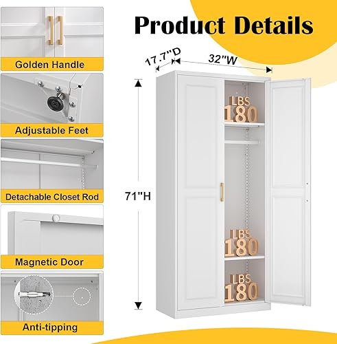 Miniatura 3 de Armario de Metal con Barra para Colgar, Armario Alto de 71 Pulgadas con 2 Puertas y Estantes Ajustables, Armarios de Almacenamiento de Ropa Blancos