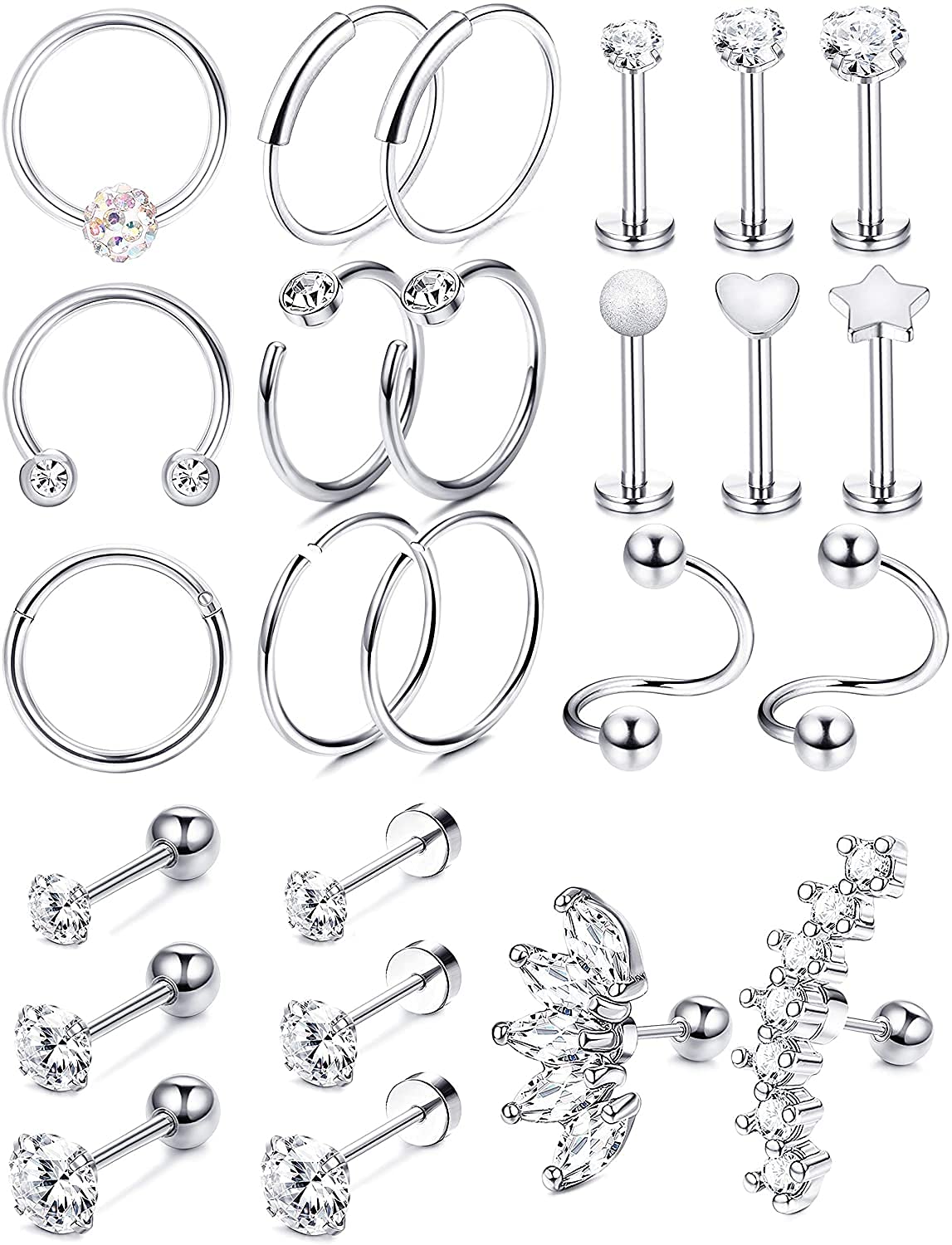 MILACOLATO 25 Piezas Piercing Oreja Cartilago Tragus Helix Mujer, Piercing Acero Inoxidable Cartílago Oreja Piercing Pendientes De Aro para Mujeres Labret Daith Acero Pendientes Daith