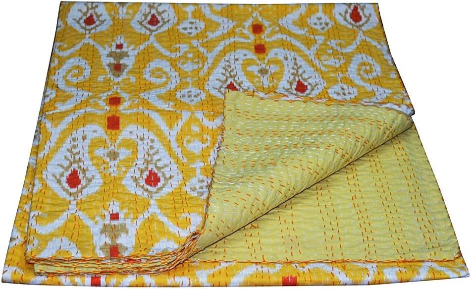 Yellow Ikat Print Kantha Quilt Single Size Cotton Indian Kantha Bedspread Gudari