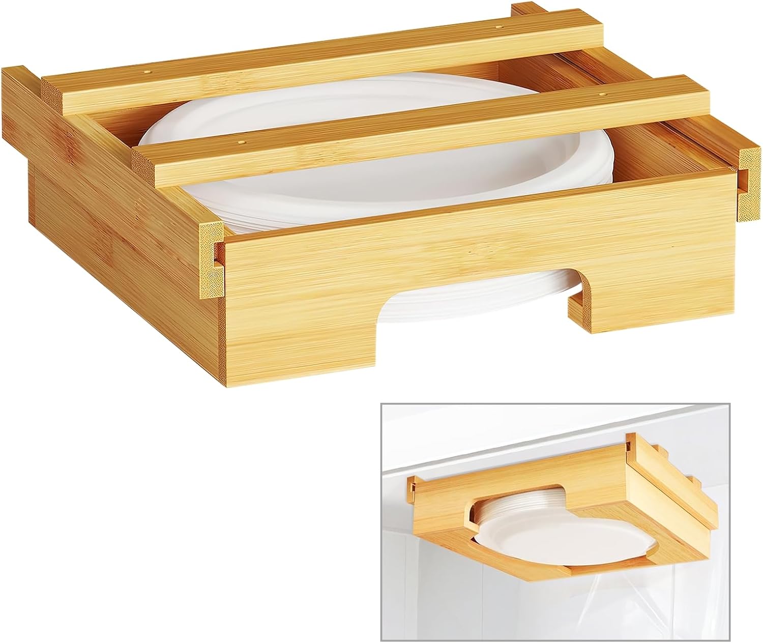 Paper Plate Dispenser,10-inch Bamboo Paper Plate Dispenser Under Cabinet, Kitchen Counter Vertical Paper Plate Holder Organizer Countertop Caddy Black