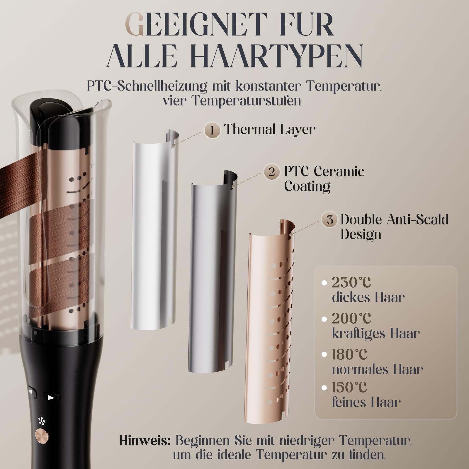Kaltluft Lockenstab Automatisch – 32mm Beach Waves Curler, 4 Temperaturstufen (150–230°C), Anti-Verbrennungs, Automatischer Rotierender Lockenstab für Große & Kleine Locken, Roségold