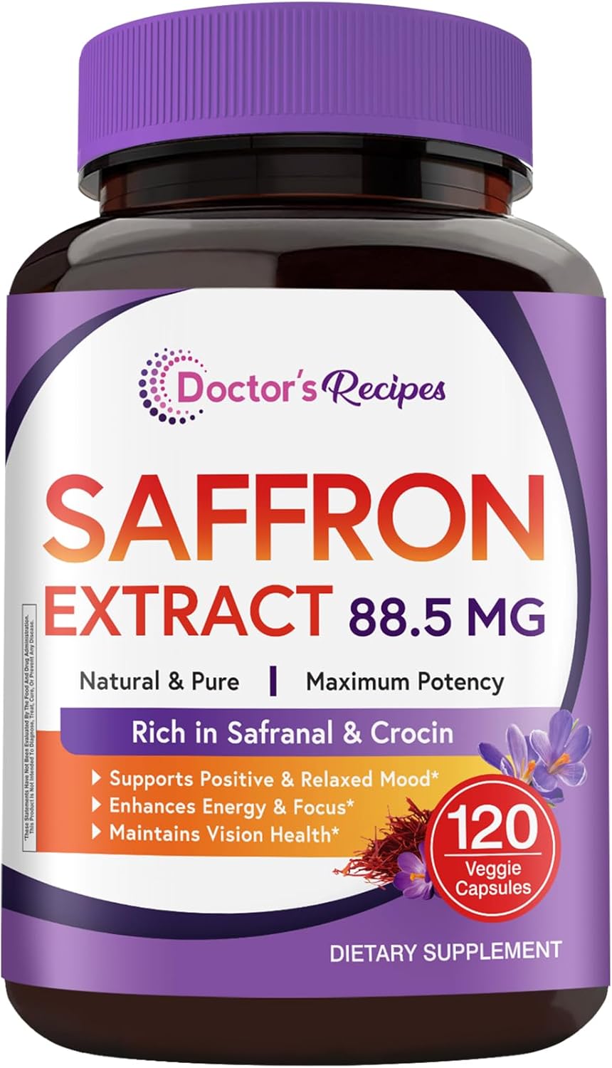 Doctor's Recipes Saffron Supplements, 88.5 mg Saffron Extract, High in Safranal & Crocin, Crocus Sativus, Pure, Vegan, All Natural, Non-GMO, Mood, Energy & Vision Support, 120 Caps