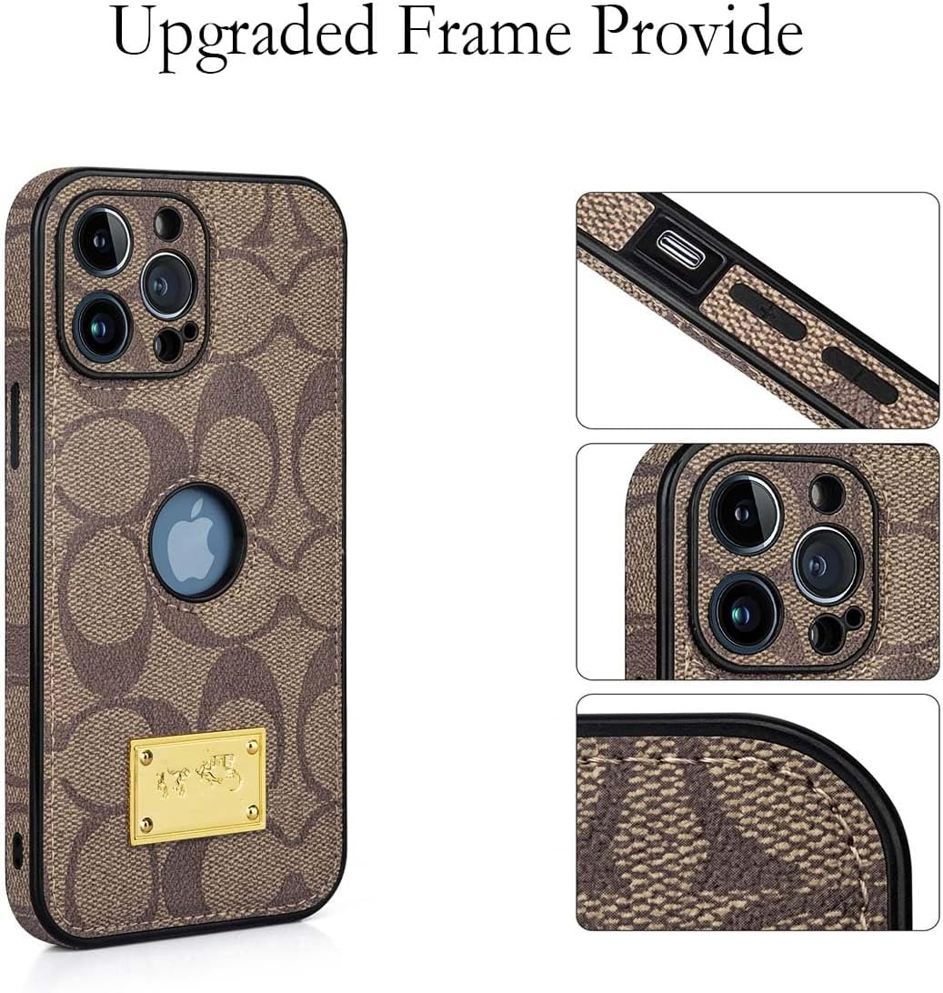 for iPhone 16 Pro Max Case with Camera Lens Protector, Logo View, Luxury Designer Classical Leather Full Protection Shockproof Anti-Scratch Phone Cover for iPhone 16 Pro Max Khaki - Image 2
