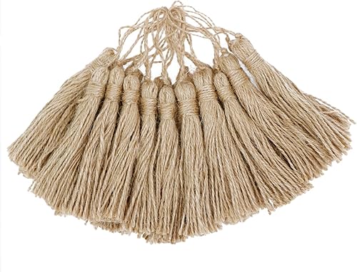 Miniatura 2 de VAPKER 20 piezas de borlas de cuerda de yute, cuerda de cáñamo, mini borla con lazo, borlas de yute natural, cuerda de cáñamo para decoración de