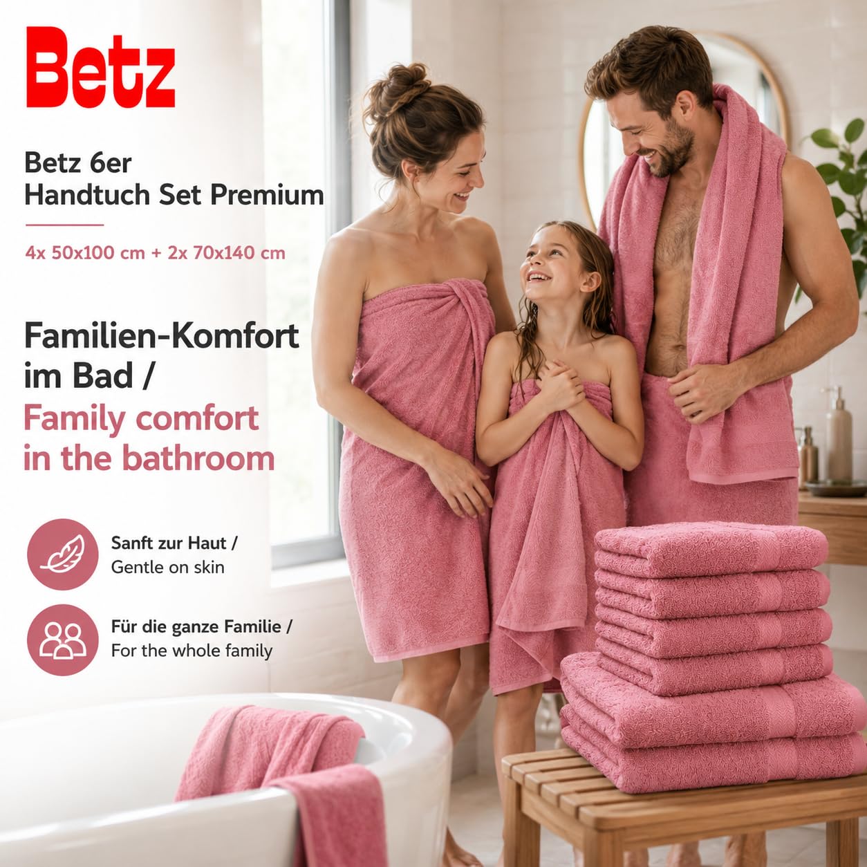 Betz Zestaw ręczników PREMIUM - 6-częściowy zestaw ręczników - 2 x ręczniki prysznicowe - 4 x ręczniki do rąk - 50 x 100 cm - stara róża