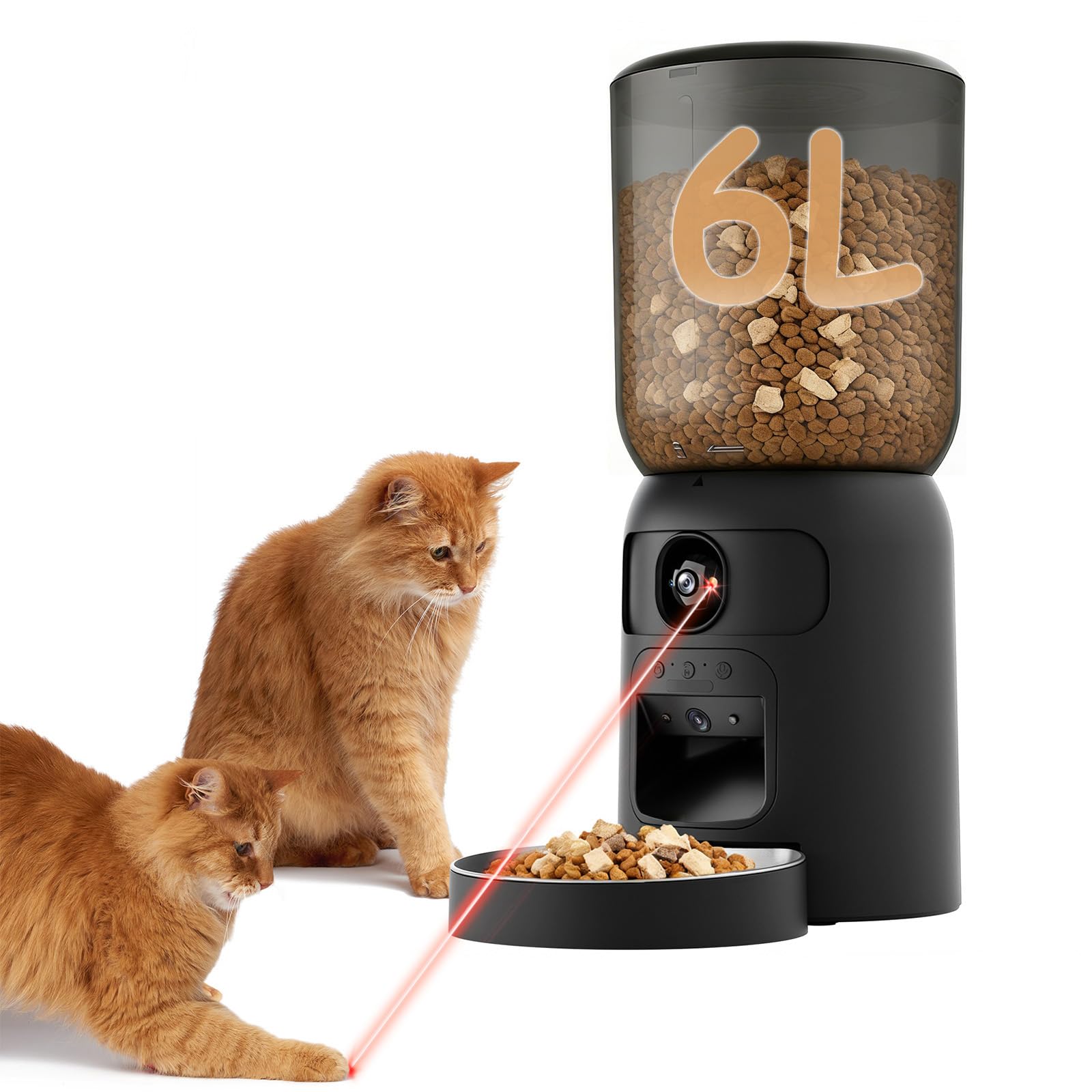 BrooBirder 6L Automatic Cat Feeder, Dual Camera PTZ 1080P HD Night Vision, 2-Way Audio, WIFI App Control Food Dispenser, Slow Feed Mode LED-Toy Battery-Backup, Matte black