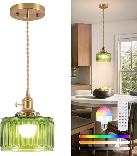 Miniatura 28 de Luces Colgantes para Isla de Cocina, Luz Colgante de Cristal Verde Accesorios de Iluminación Vintage, 9.4 pulgadas E26 Acabado Lámpara Colgante de