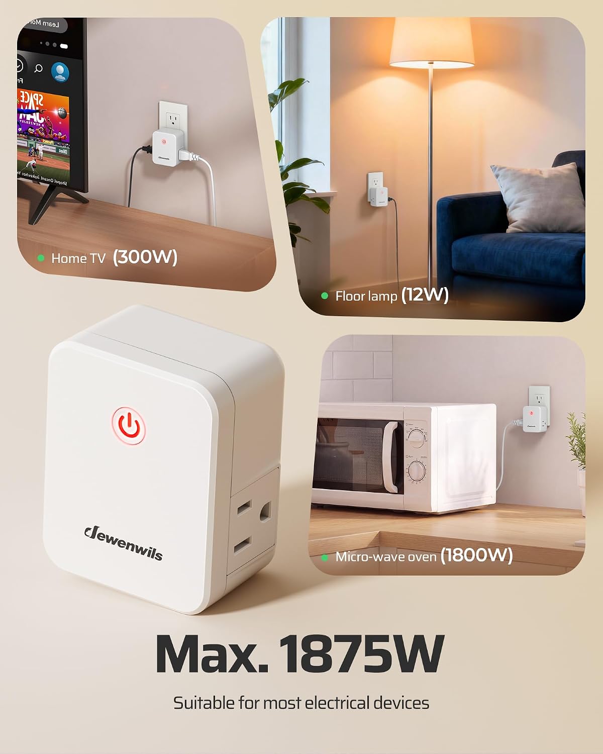 DEWENWILS Indoor Wireless Light Switch, 2 Side Outlets, 15A/1875W | 2 Magnetic Remotes & 1 Outlet, No Wiring, 100FT Range, Programmable (Same Model) for Lamps, Fans, Household Appliance