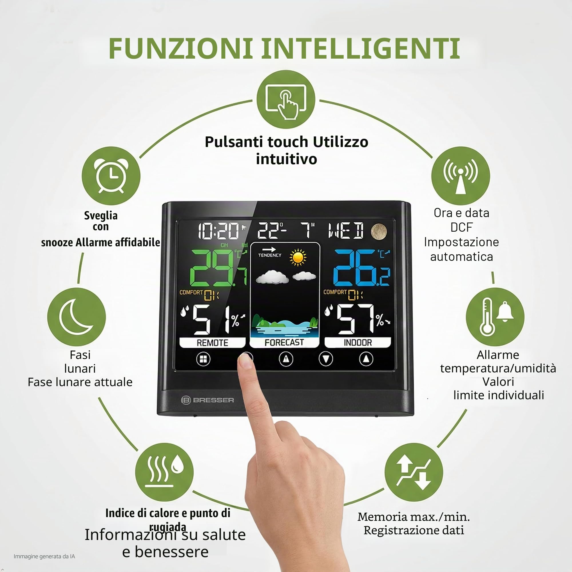 Bresser MeteoTemp BF Stazione meteo radio con display touch, sensore esterno radio, pressione dell'aria, previsioni meteo, indicatore di temperatura ambiente, umidità e ricezione del segnale orario