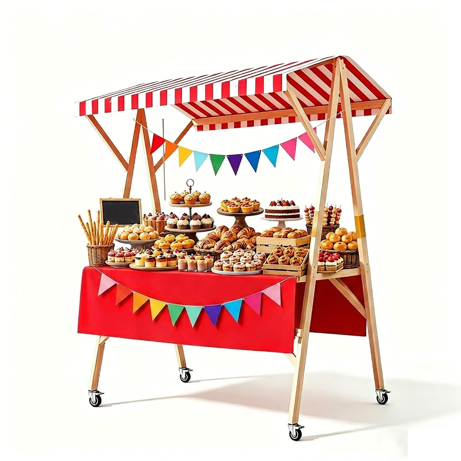 WYHBXD Wooden Market Stall Cart with Canopy, Foldable Vendor Booth on Wheels for Farmers Markets, Lemonade Stand, Parties, Blue(Red,150cm/59)