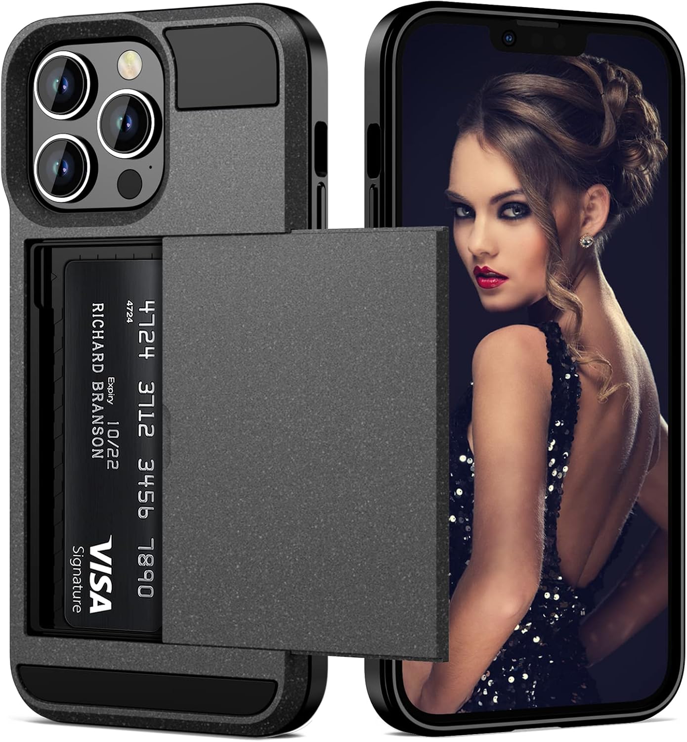 Vofolen for iPhone 13 Pro Case Wallet Credit Card Holder Slot Sliding Door Hidden Pocket Men Women Anti-Scratch Dual Layer Hybrid Bumper Armor Protective Hard Shell Back Cover for iPhone 13 Pro Grey