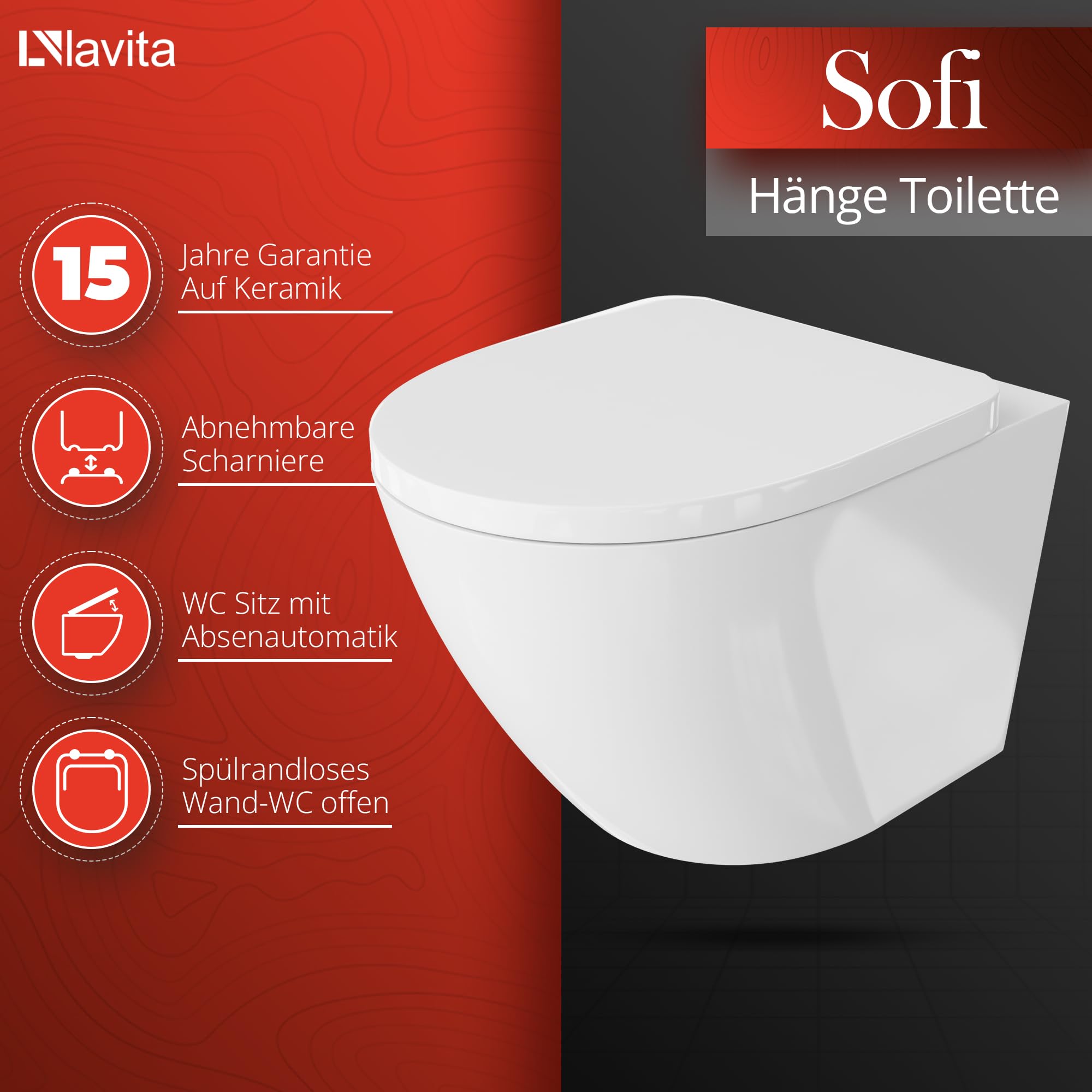 Lavita LAV 101 Élément de pré-installation pour WC 40cm + WC suspendu à rinçage profond SOFI Blanc sans rebord + Plaque de commande LAV 200.4.2 Chromé + Abattant WC avec système d'abaissement