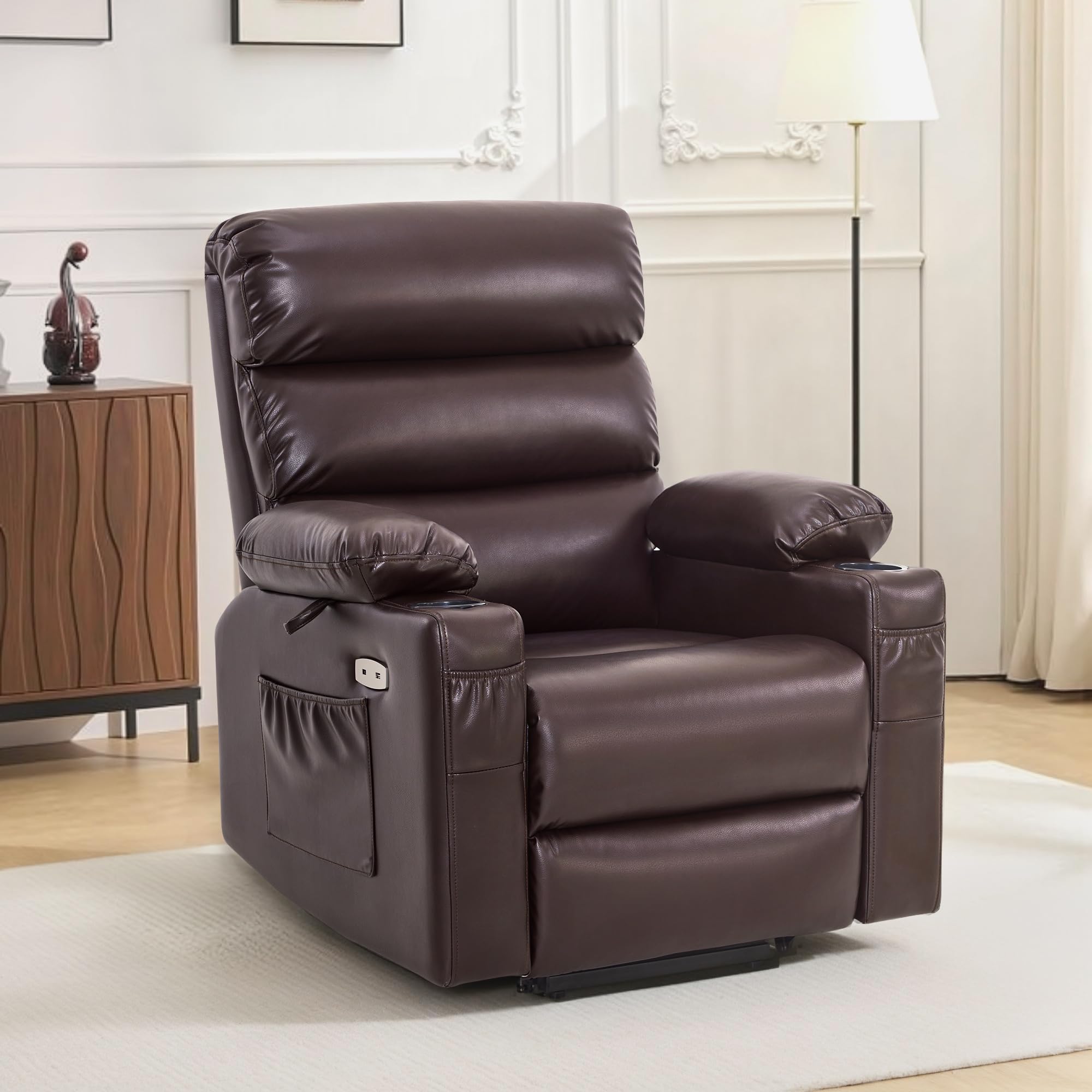 MCombo Fauteuil Releveur électrique, pour Personnes âgées, Fauteuil Relax avec Massage et Chaleur, avec Appui-tête, Repose-Pieds Allongé, Ports USB, en Similicuir, LC001 (Marron)