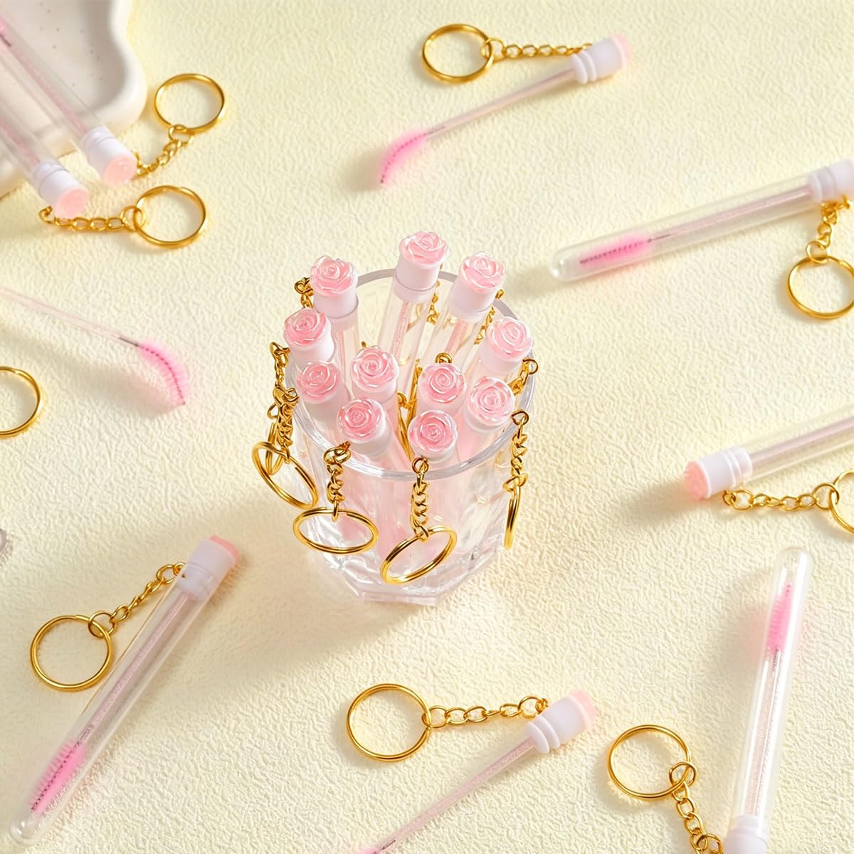 Upgrade 48 Pieces Disposable Mascara Wands Set, Include 24 Pcs Cute Crystal Lash Spoolies Brush and 24 Pcs Reusable Keychain Empty Eyelash Brush Tubes