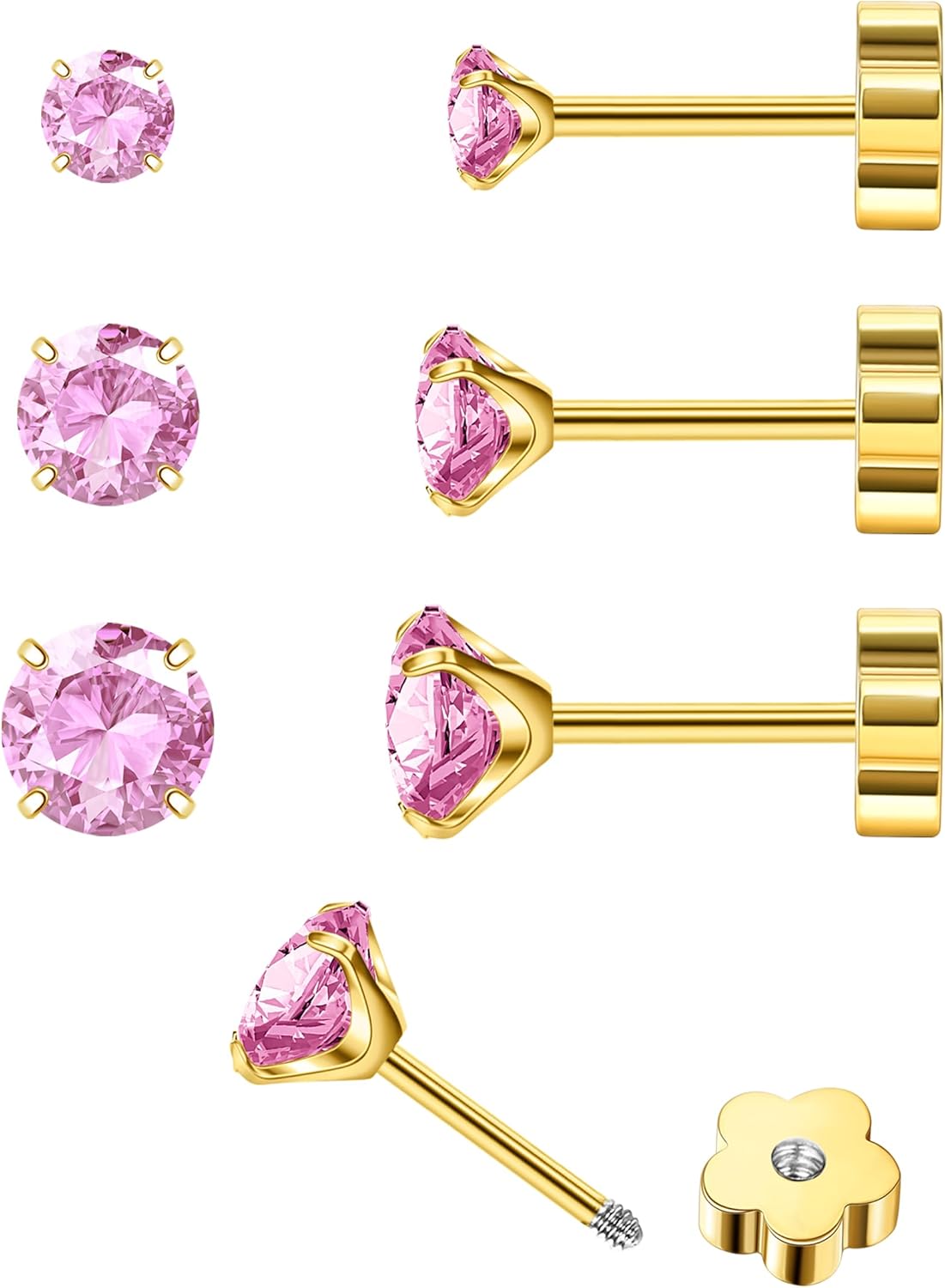 14K Gold CZ Flat Back Earrings for Women Hypoallergenic Cartilage Cubic Zirconia Earrings Studs 20G Handmade Nap Screw Back Earrings for Helix Conch Multiple Piercing