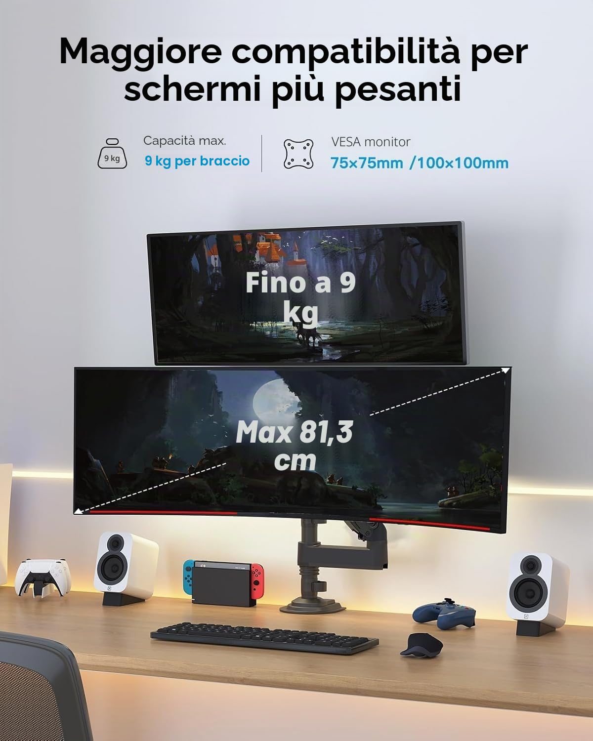 HUANUO Supporto schermo PC 2 schermo da 13 a 32 pollici, braccio per schermo PC regolabile in altezza, braccio schermo PC a movimento completo supporto VESA 75 x 75/100 x 100 mm