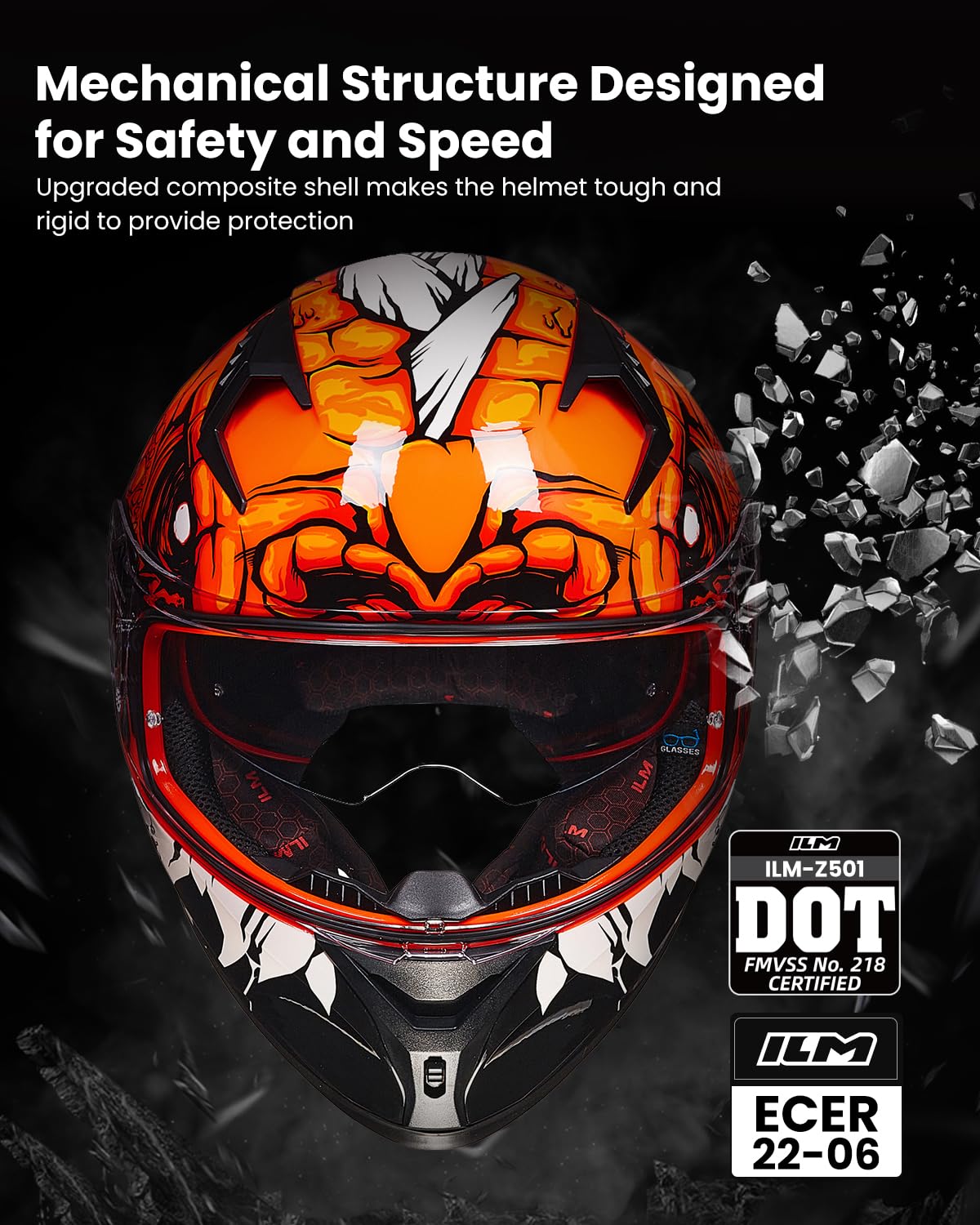 ILM Motorradhelm Integralhelm Herren Damen-Motorcycle Helmet mit 2 Visieren Pinlock-kompatiblen klaren und getönten-Street Bike Motocross Casco DOT&ECE Modell Z501,Lizzard Red,XL