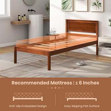 Giantex Twin Bed Frames with Headboard, Solid Wood Platform Bed with Wood Slat Support, Single Bed with 16 Under Bed Storage, Twin Bed Frames for Kids Adults Guests, Easy Assembly, Walnut