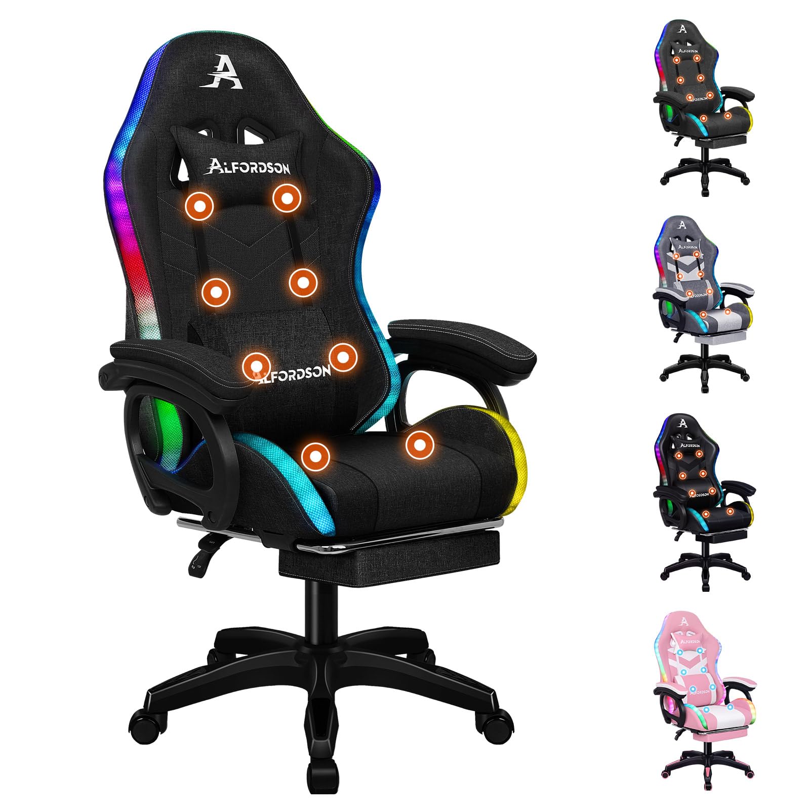 ALFORDSON Silla Gaming, Silla Gamer Racing con Iluminación LED RGB, Sillón Masajeador para Computadora con Reposapiés, Silla Giratoria Ergonómica con Respaldo Operado por Palanca, Tela, Negra