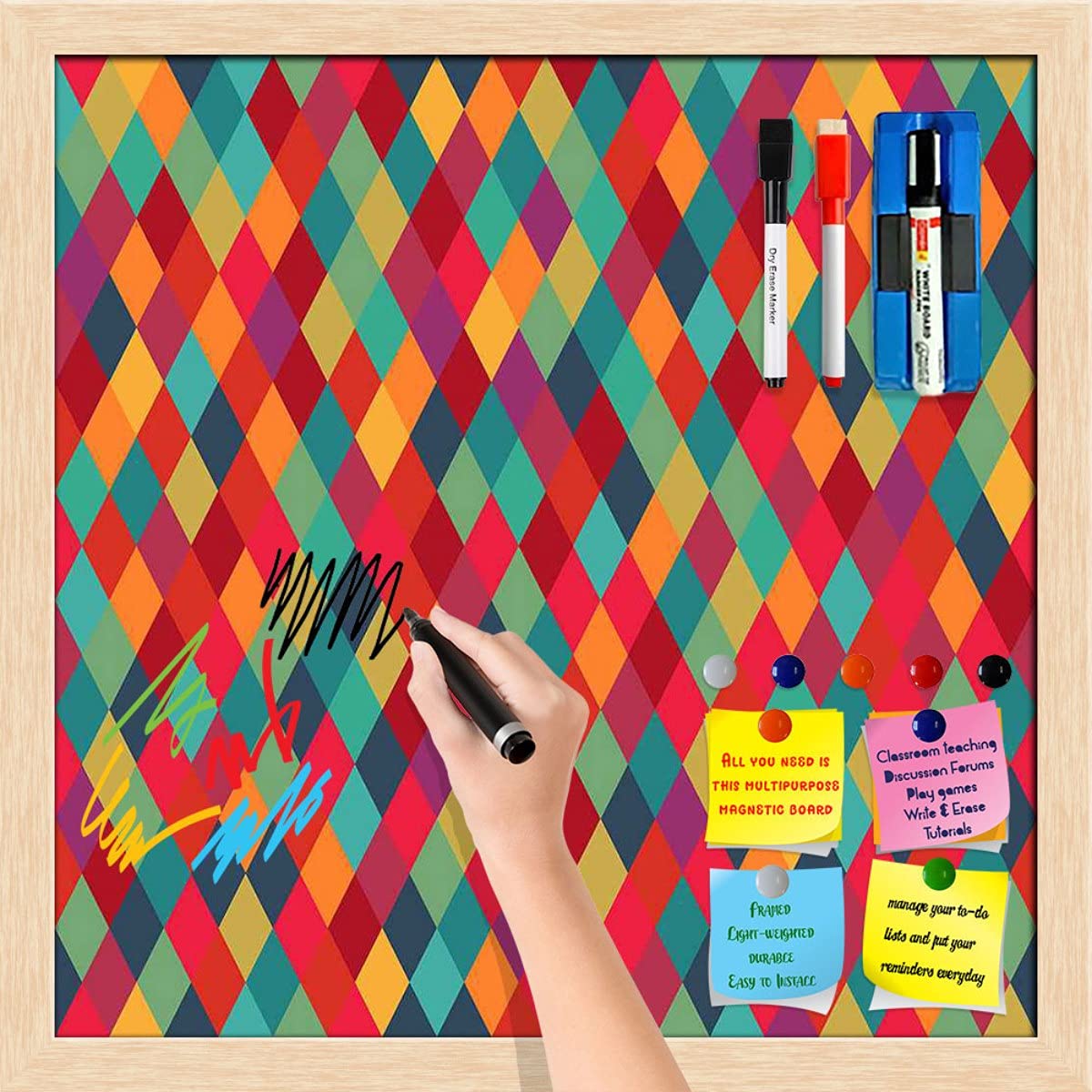 ArtzFolio Diamond Tiles | Framed Magnetic Dry Erase White Board | Includes Magnet Buttons & Markers | Natural Brown Frame | 24 x 24 inch (61 x 61 cms)