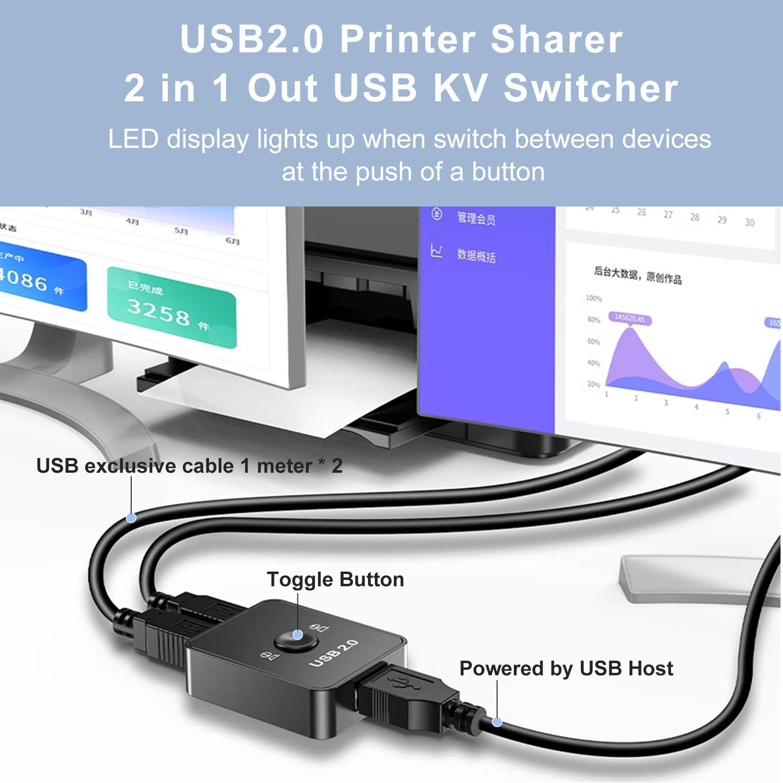USB2.0 Printer Sharing Switch. Share one Printer Between Two Devices with Automatic Switching, no Drivers Needed. Support Keyboard, Mouse, and Scanner Sharing. Includes 2 USB Printer Cables (1 Meter)