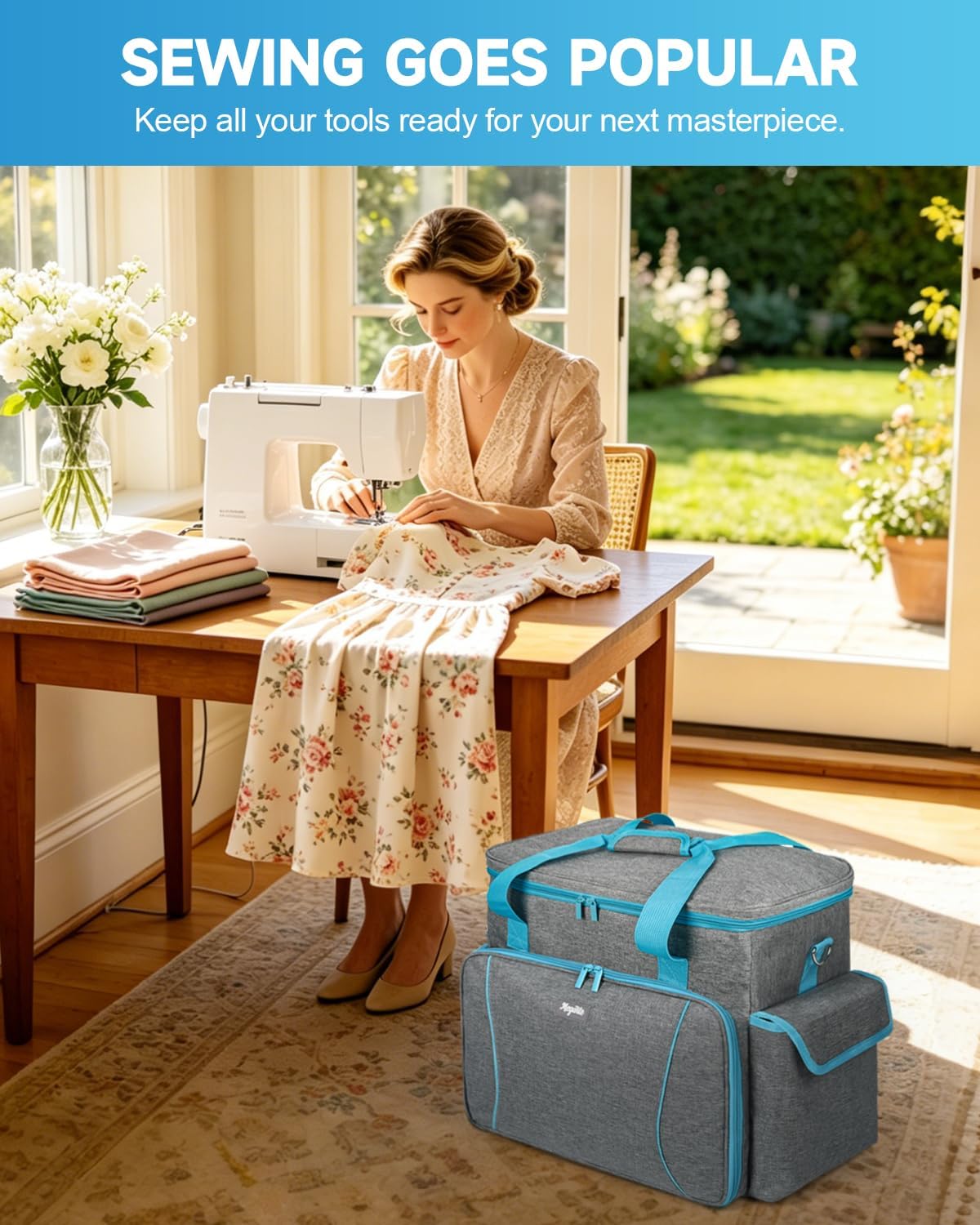 Sewing Machine Case with Wheels, Foldable Rolling Sewing Machine Case，Tote Bag with Bottom Support Board & Adjustable Shoulder Strap, Compatible with Singer, Brother, Janome Standard Sewing Machines