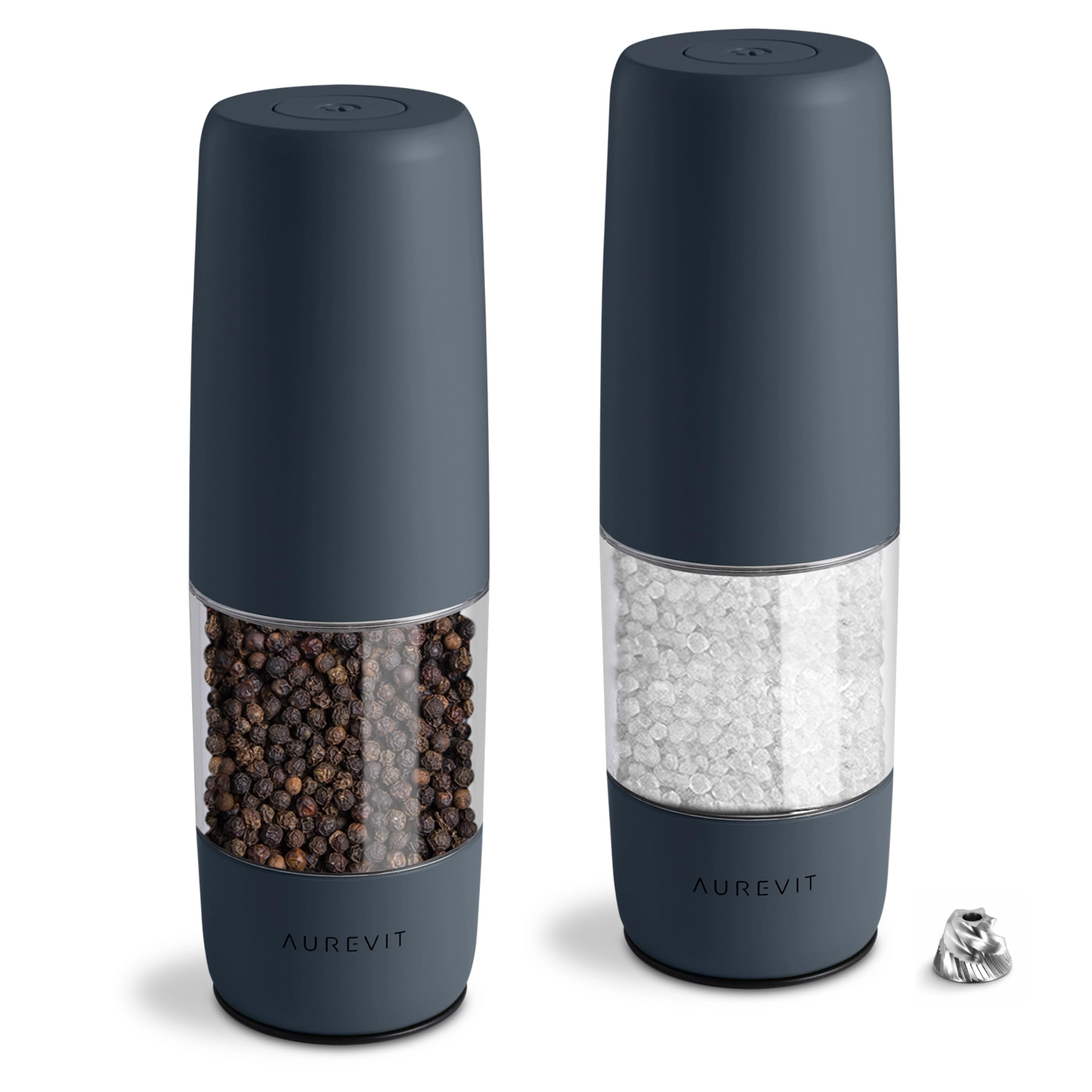 Aurevit Electric Salt and Pepper Grinder Set with USB Rechargeable, Automatic Pepper Mill with Ceramic/Stainless Steel Burr, External Adjustable Coarseness, LED Light (2 Packs, Blue-Grey)