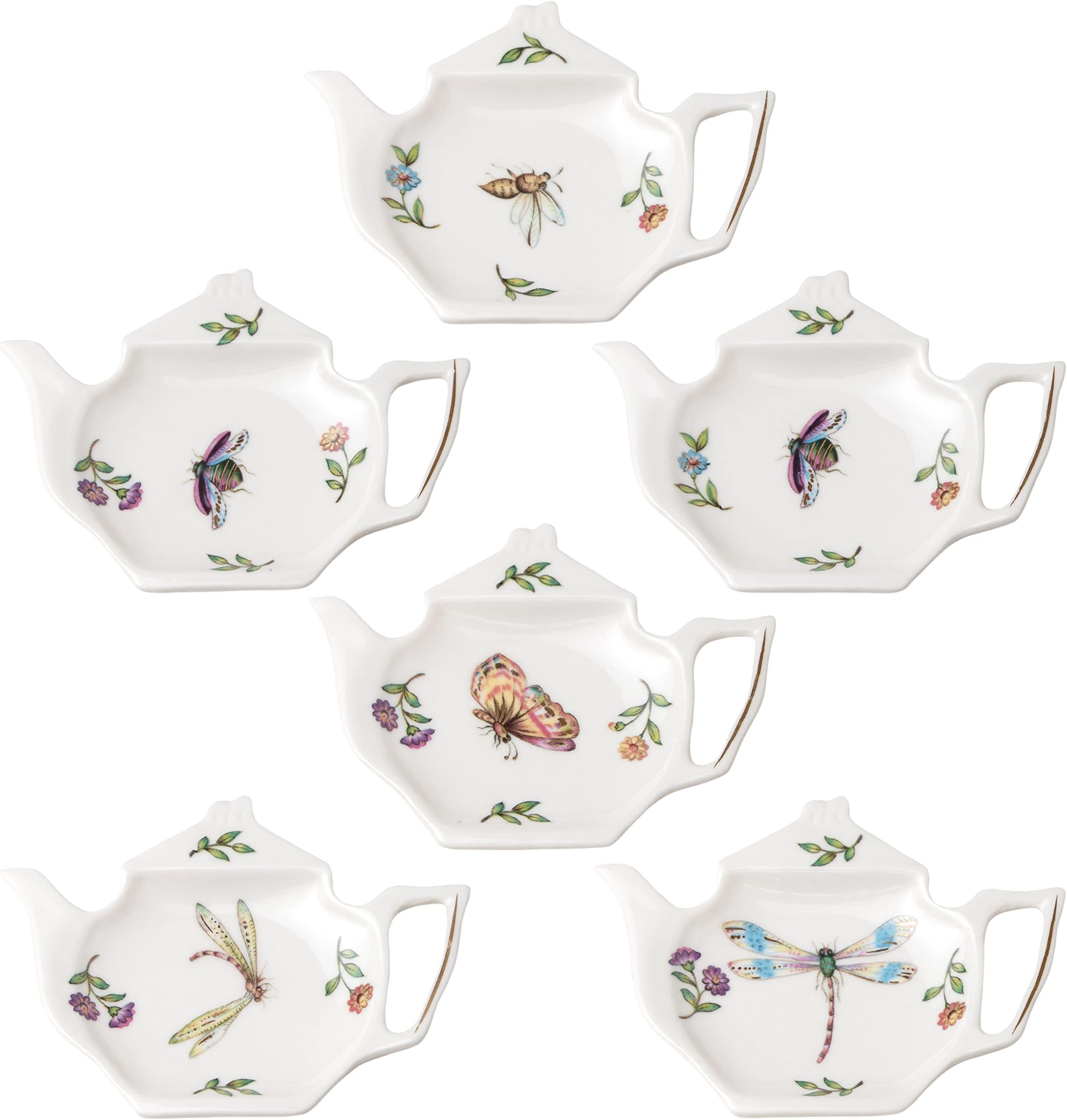 Gracie China Olivia's Garden Life 4-3/4-Inch Porcelain Teapot Shape Tea Bag Holder, Set of 6