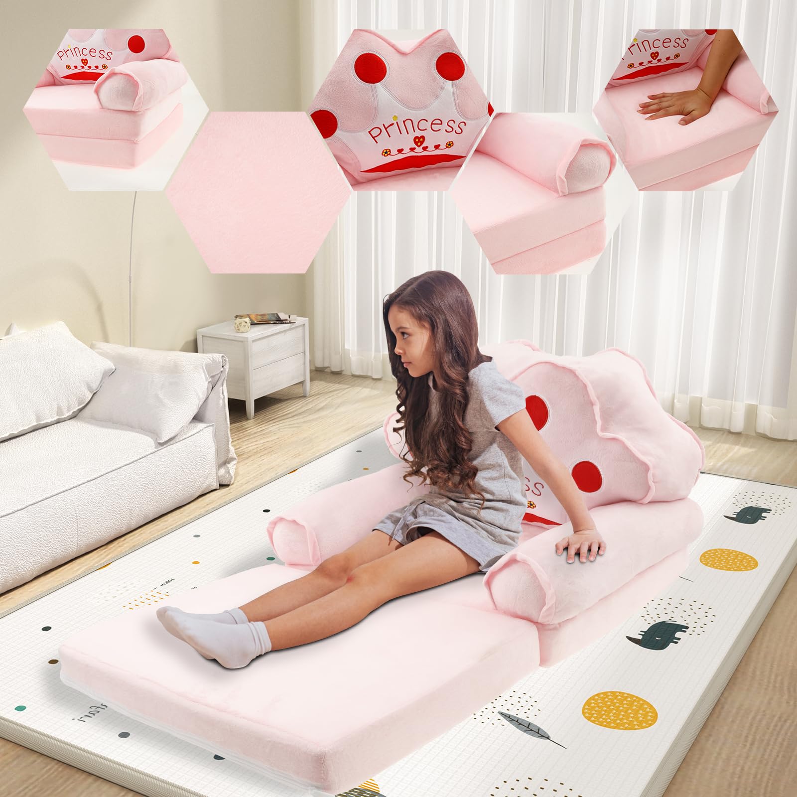 Sofá infantil desplegable 2 en 1, sillas suaves para niños pequeños con asa, 80×50 cm, sillón lounge para bebé, sofá de juegos convertible en tumbona para niñas y niños de 1 a 4 años, sala de juegos