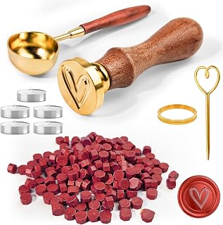 200 Piezas Cuentas de Sello de Cera Rojo, Perlas de Cera para Sellar Octogonales, Cera para Sellos de Lacre con 5 Velas, Cuchara de Fundición, Sello, para Invitaciones, Tarjetas, Sobres