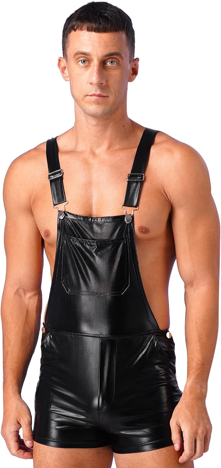 Adult Metallic Shoulder Straps Bib Overall Suspender Jumpers Mens Shorts Hotpants Shiny Festival Fancy Dress