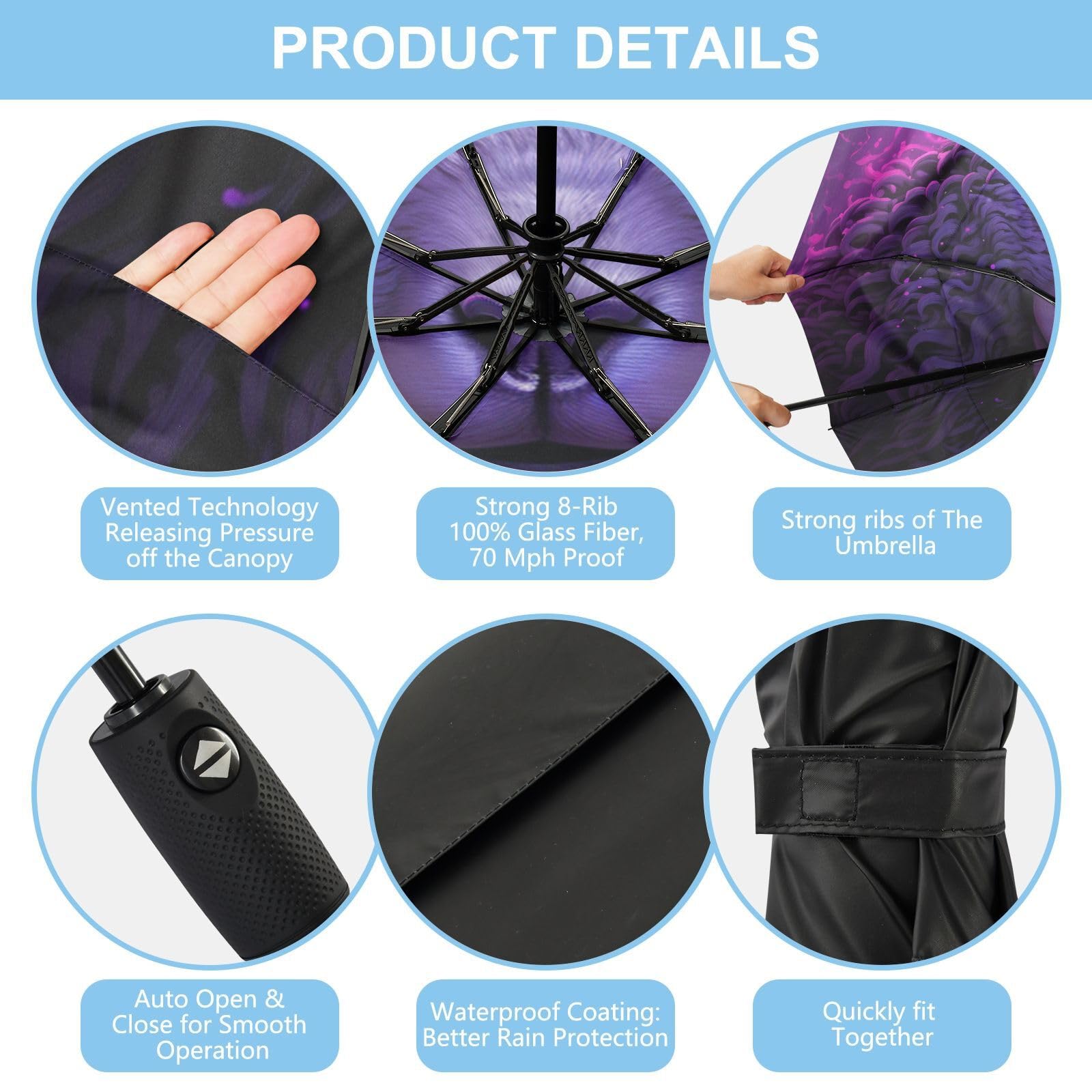 Oveja PúRpura Fresca Paraguas de Viaje Resistente al Viento Apertura Cierre AutomáTicos,Compacto con ProteccióN Solar UPF 50+ Ideal para JóVenes Chicas