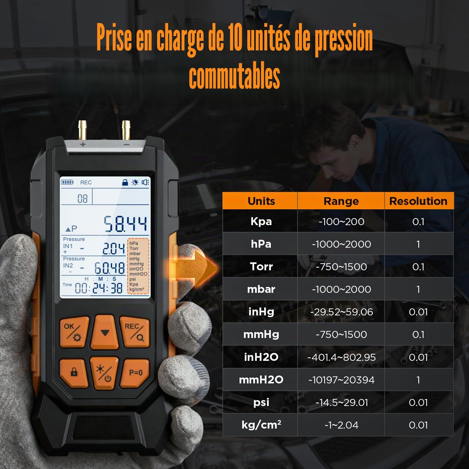 Manomètre Numérique Différentiel, -100-200 KPA Testeur de de Gaz, Double Port HVAC Manomètre, 10 Unités Sélectionnables, Précision ±0.3% Testeur de Pression d'Air
