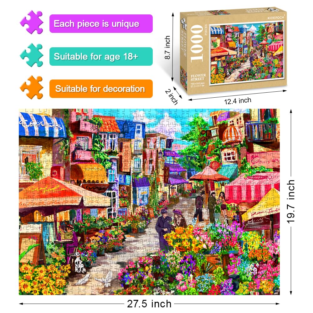 1000 Piece Jigsaw Puzzle – Colorful Street Scene, Challenging Adult Puzzle, Landscape Flower Art