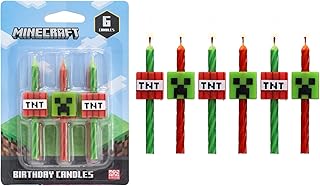 Minecraft Birthday Cake Candles | 6 Birthday Candles for Cake Decorations, Red & Green Striped Candles, Cake Toppers for Minecraft Party