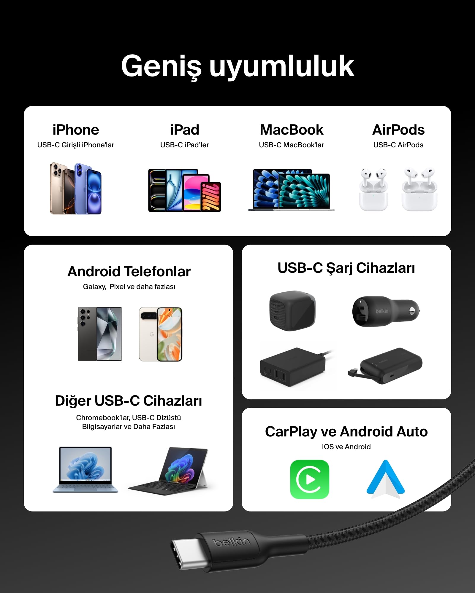Belkin Eco Örgülü USB-C - USB-C Kablosu, 3 m, 240 W, Yumuşak, Esnek Hızlı Şarj Kablosu, iPhone 16, Galaxy S25, Pixel 9, MacBook, iPad Pro ve Daha Fazlası için Tip-C Şarj Kablosu - Siyah (USB 2.0)