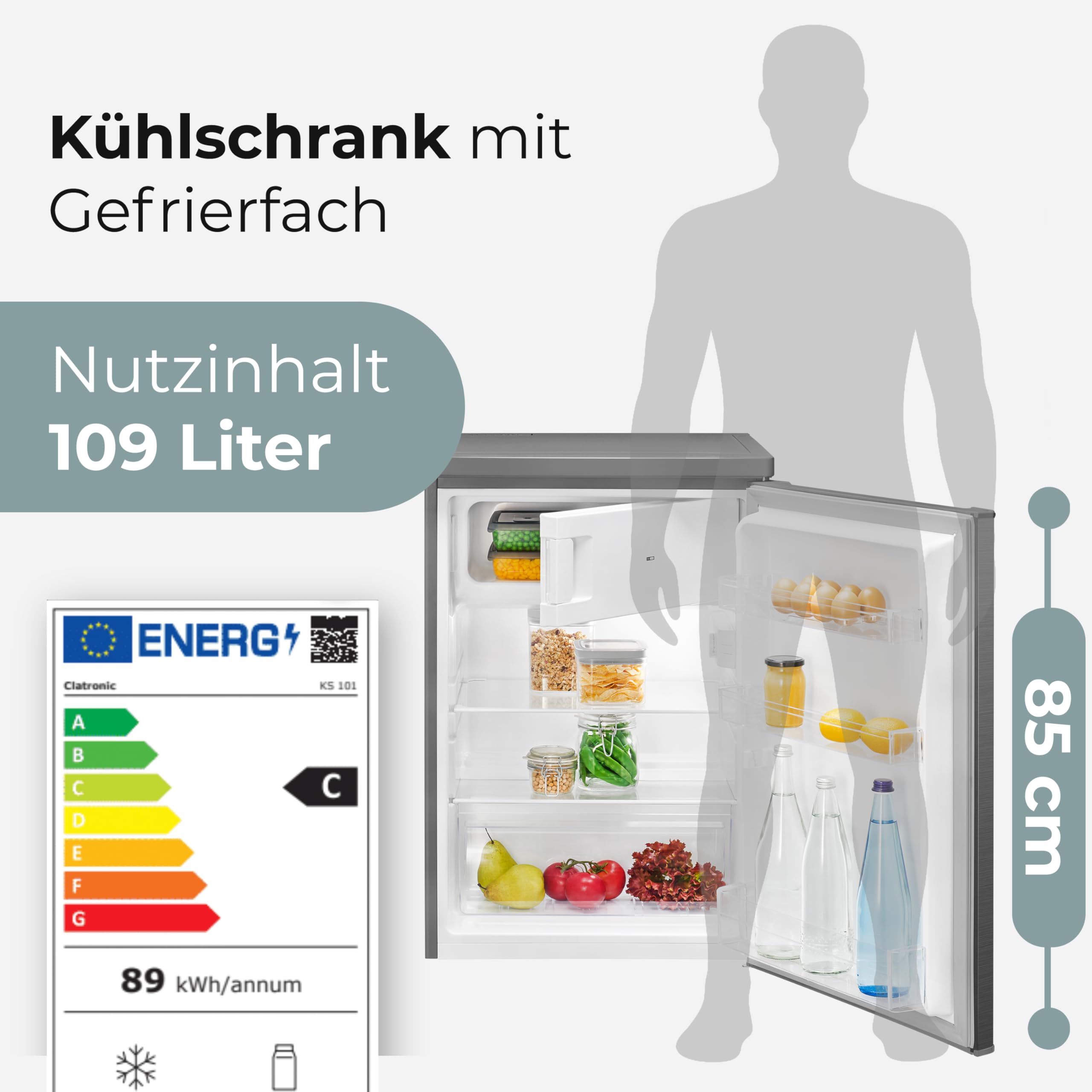 Clatronic Kühlschrank mit Gefrierfach 109L 85cm Energieklasse C leise 37dB KS 101 inox